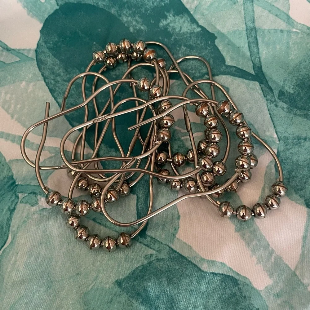 Mainstays Shower Curtain & Shower Hooks Silver Beads Teal White Bathroom Set